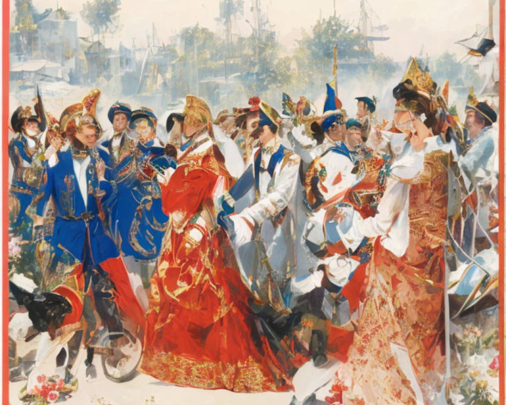 Historical painting of elegantly dressed individuals at outdoor gathering