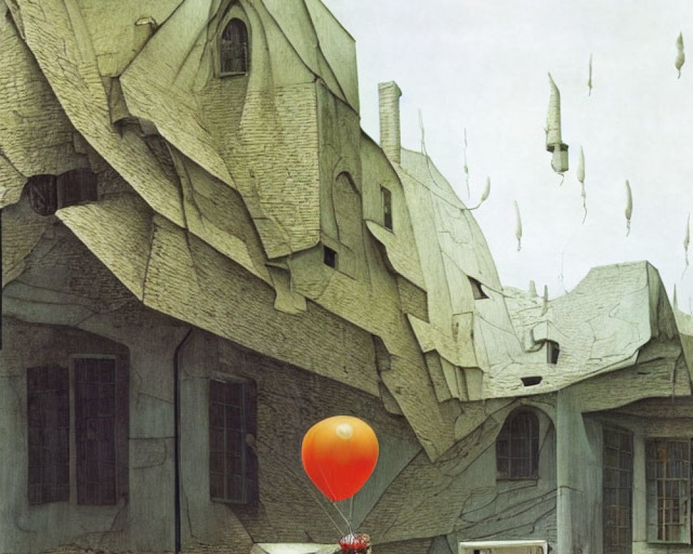 Surreal architectural painting with floating red balloon and flying fish.