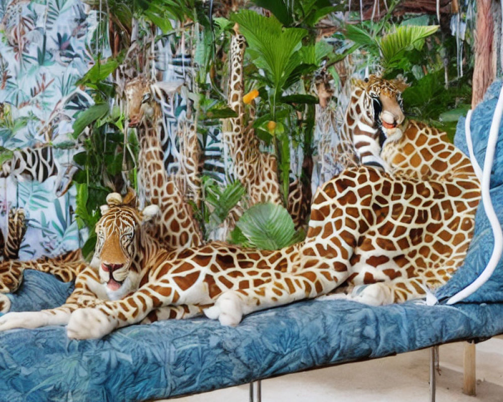 Two people in full-body jaguar costumes on blue daybed in jungle setting