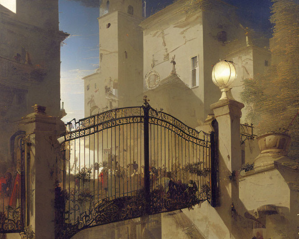 Tranquil scene with people by staircase near church in dramatic light and shadow.