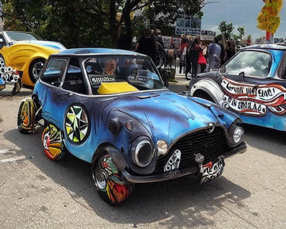 Vintage Mini Cooper with blue flame paint job and custom wheels at car show