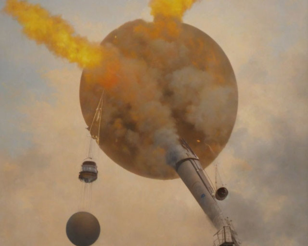 Fantastical airship with fiery explosions soaring through cloudy sky