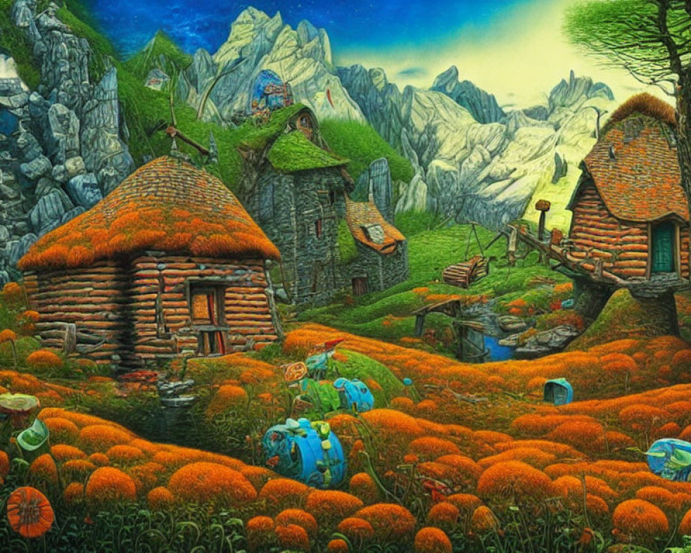 Colorful fantasy scene with thatched-roof cottages, blue creatures, mushrooms, and mountains.