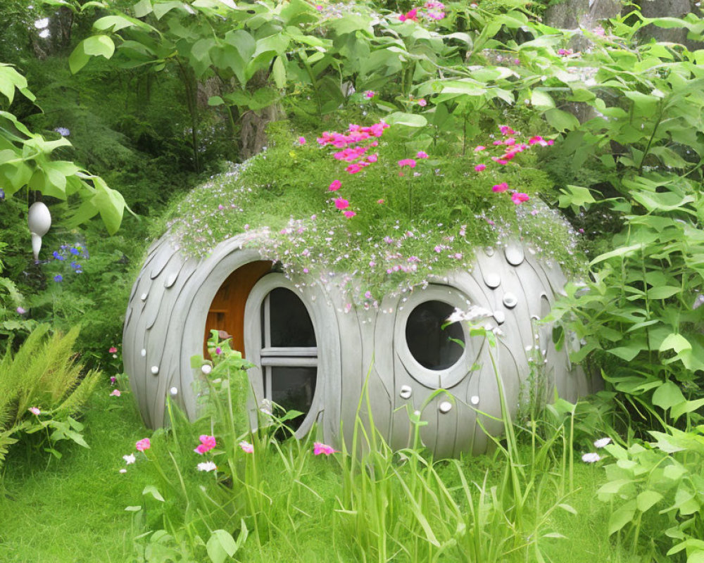 Metallic spherical structure with round windows in lush greenery and wildflowers.