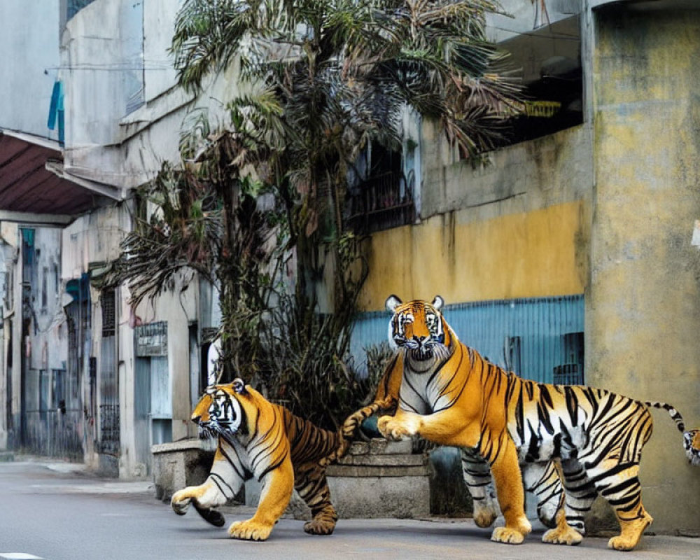 Realistic Tiger Sculptures in Urban Setting