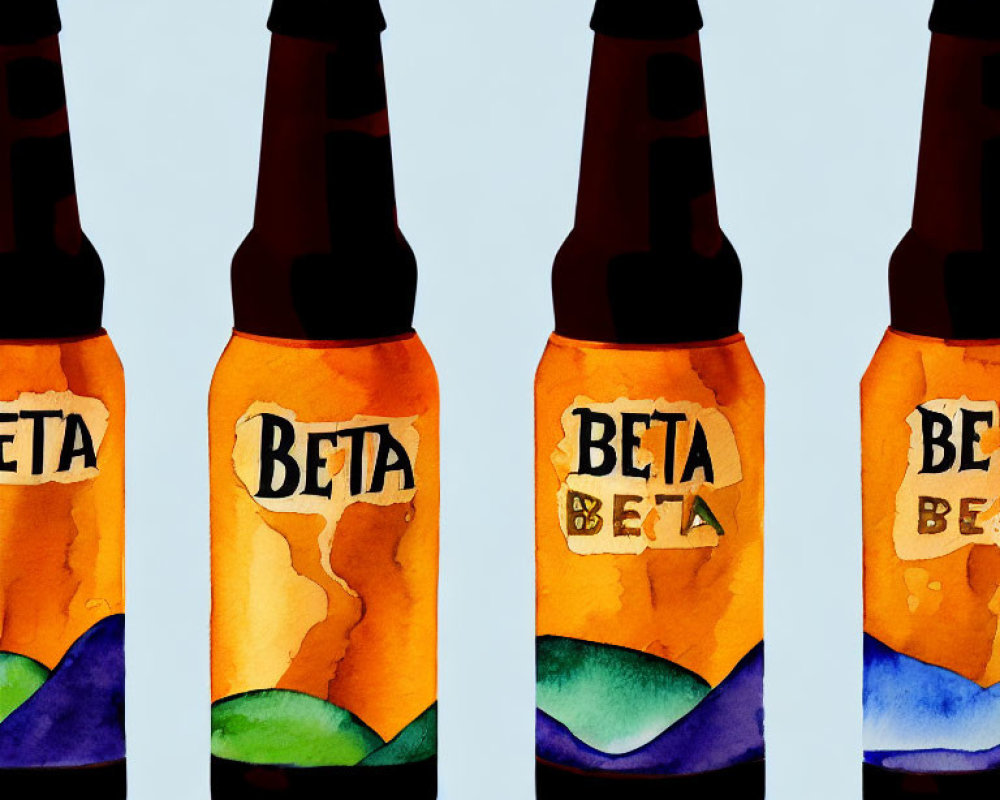 Four illustrated beer bottles with "BETA" labels on light background