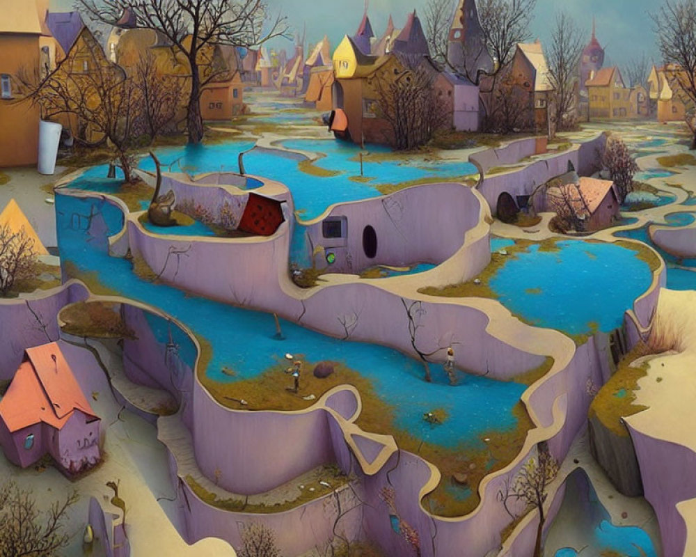 Colorful Landscape with Serpentine Waterways and Stylized Houses