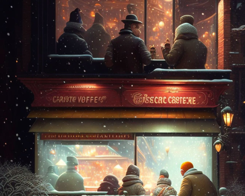 Snowy Night Scene: Cozy Café with Warm Beverages