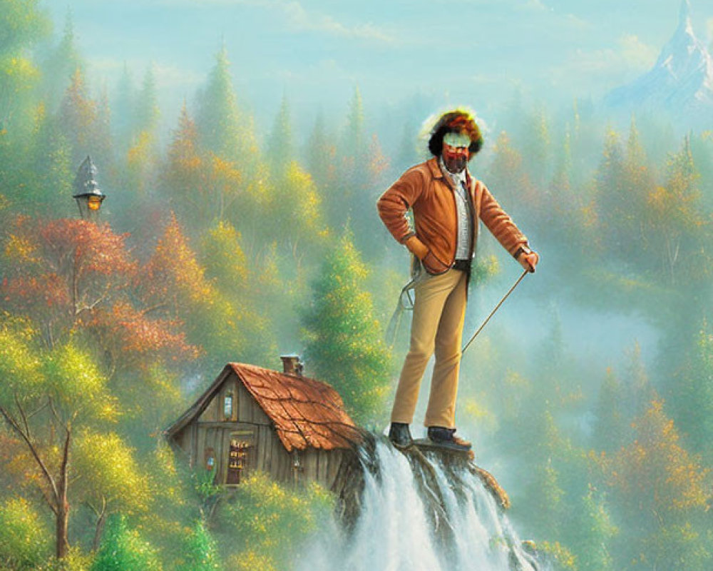 Man with cane overlooking lush forest, cabin, and mountains