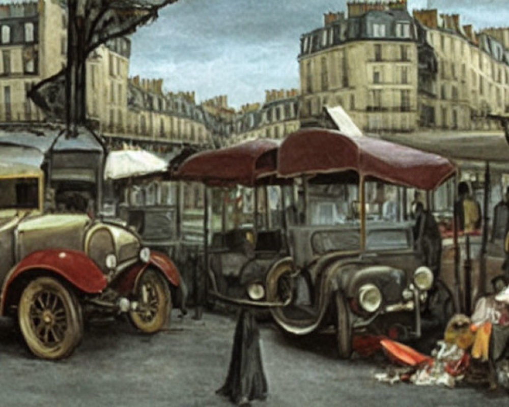 Vintage Painting of Busy Parisian Street with Classic Cars and Market Stalls