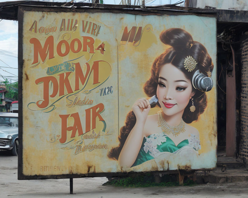 Vintage weathered billboard with illustrated woman promoting fair