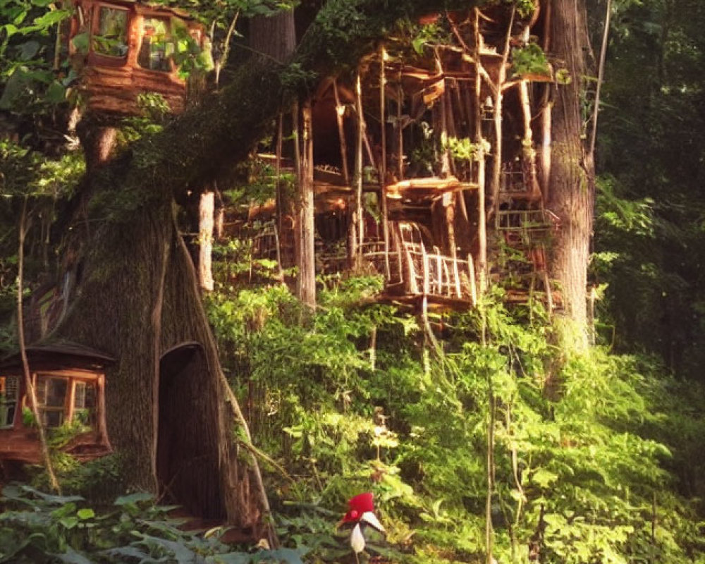 Enchanting Treehouse in Lush Forest with Intricate Wooden Structures