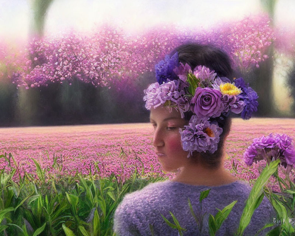 Person wearing flower crown in serene pink flower field