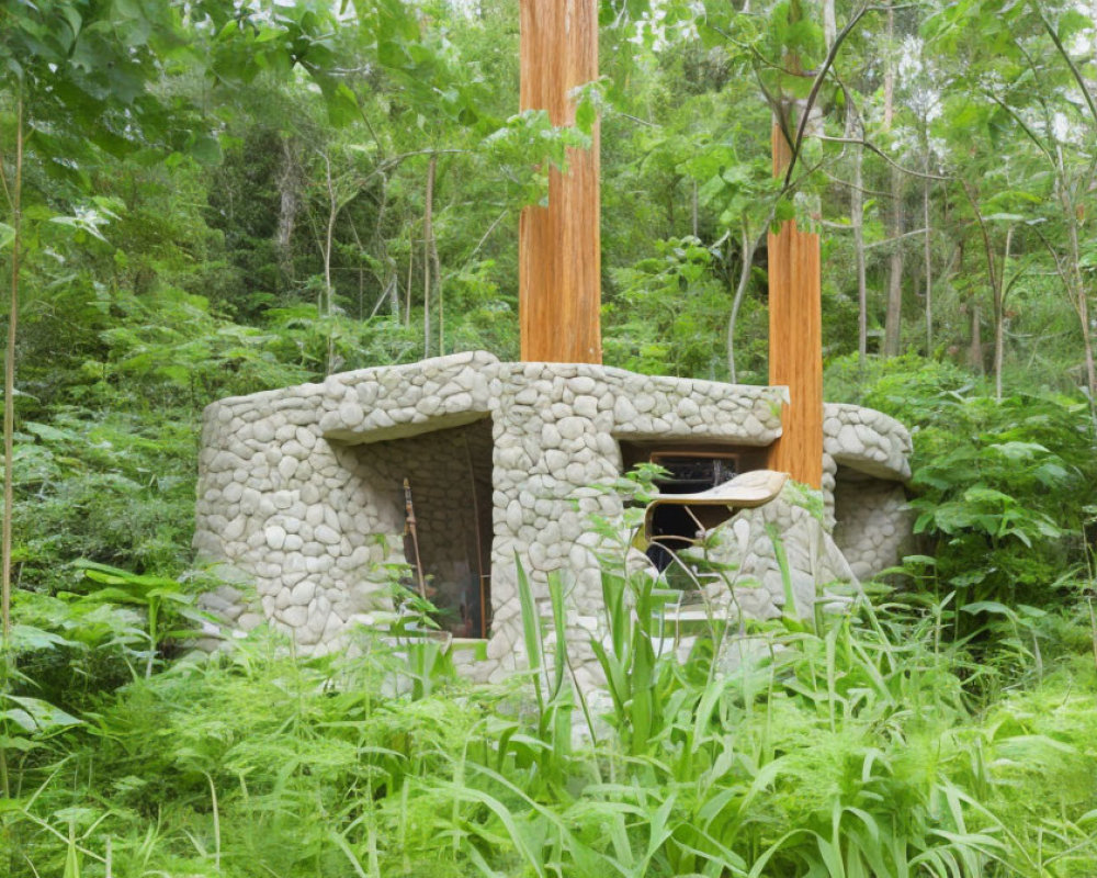 Stone-Walled Curved Structure in Lush Green Forest