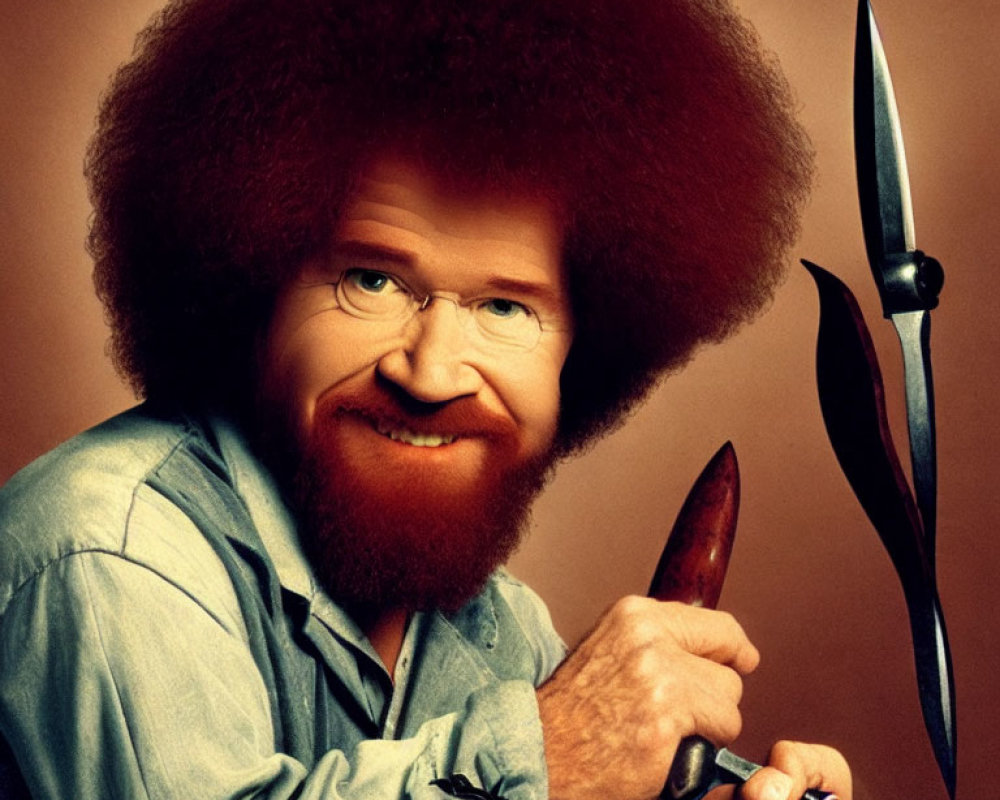 Man with large afro and beard holding gardening trowels, surrounded by floating trowels