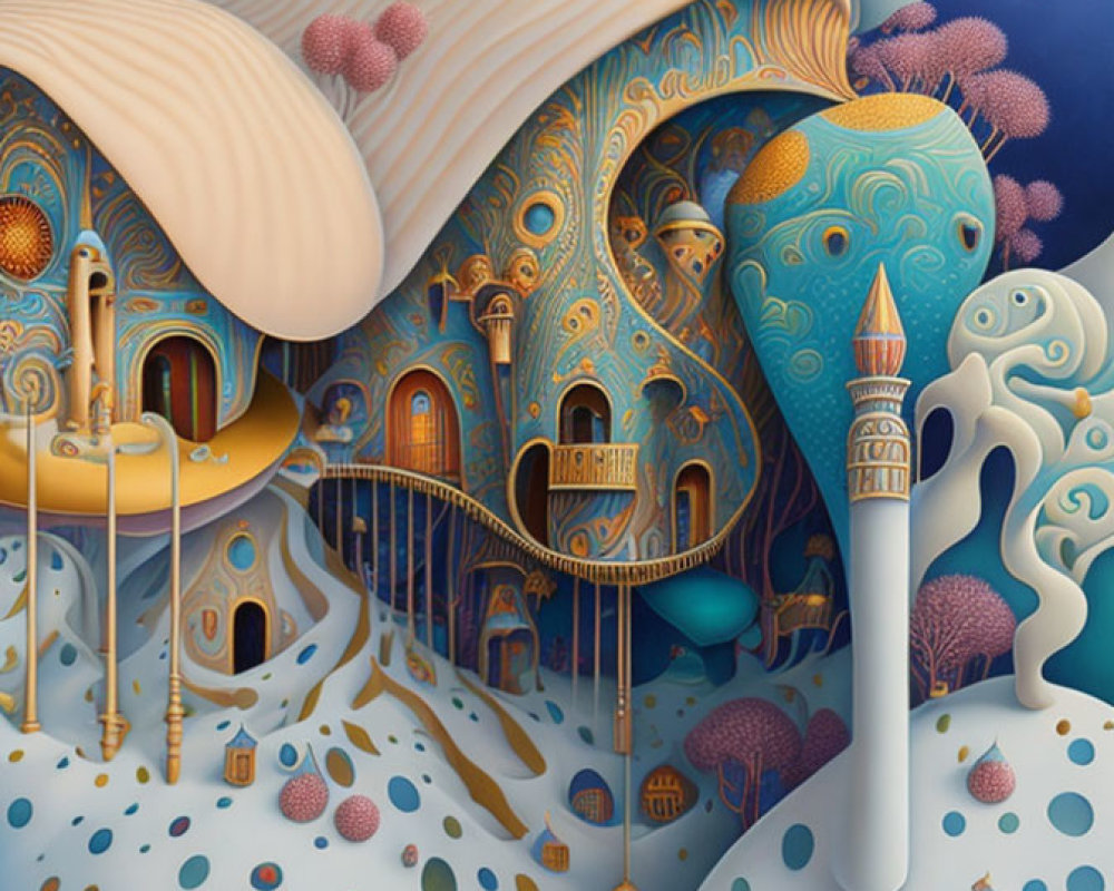 Fantastical surreal artwork with ornate structure and whimsical colors