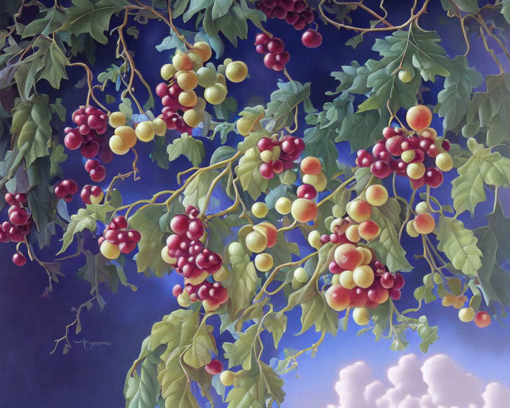 Realistic painting of lush grapevines with ripe red and green grapes under clear sky
