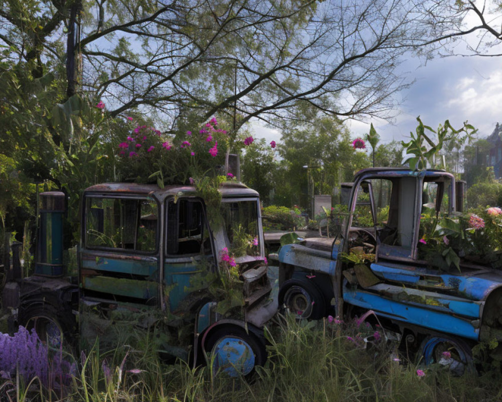 Overgrown field with abandoned trucks and flowers under cloudy sky