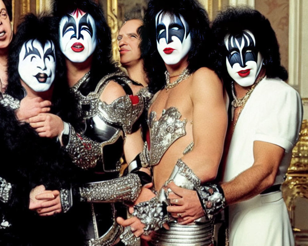 Four people in KISS band makeup and 70s rock costumes in vintage room
