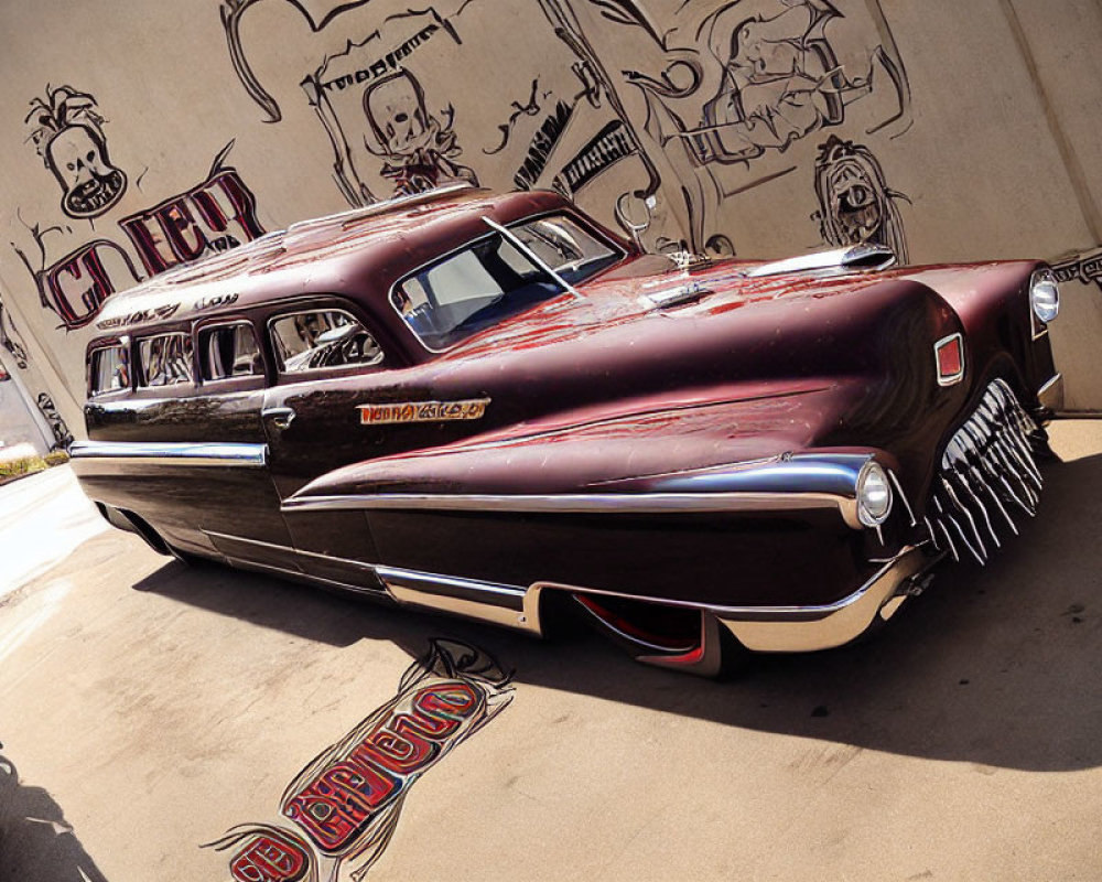 Vintage Customized Car with Maroon Paint Job and Graffiti Wall Art