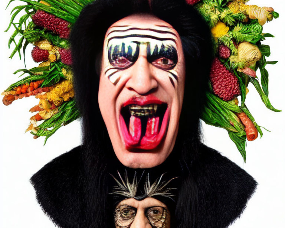 Person with black and white face paint and fruit headdress portrait.