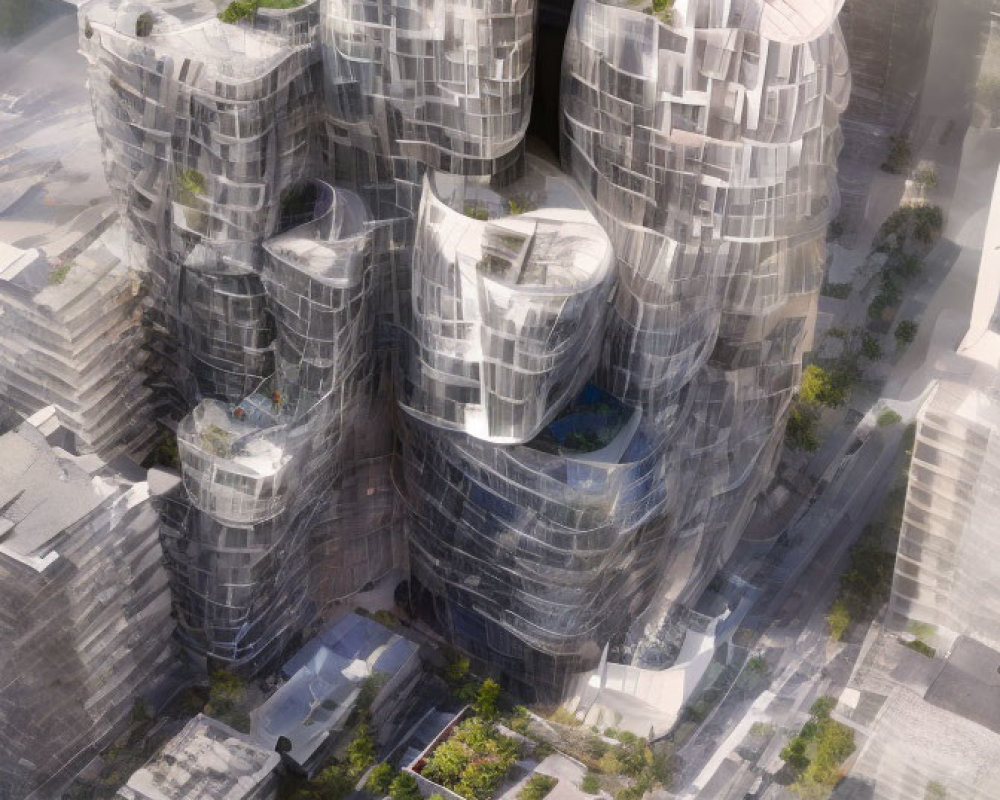 Futuristic high-rise buildings with irregular facades in urban cityscape