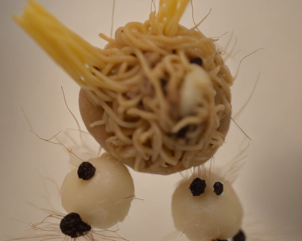 Whimsical food sculpture: creature with spaghetti fur, meatball eyes, black olive pupils.