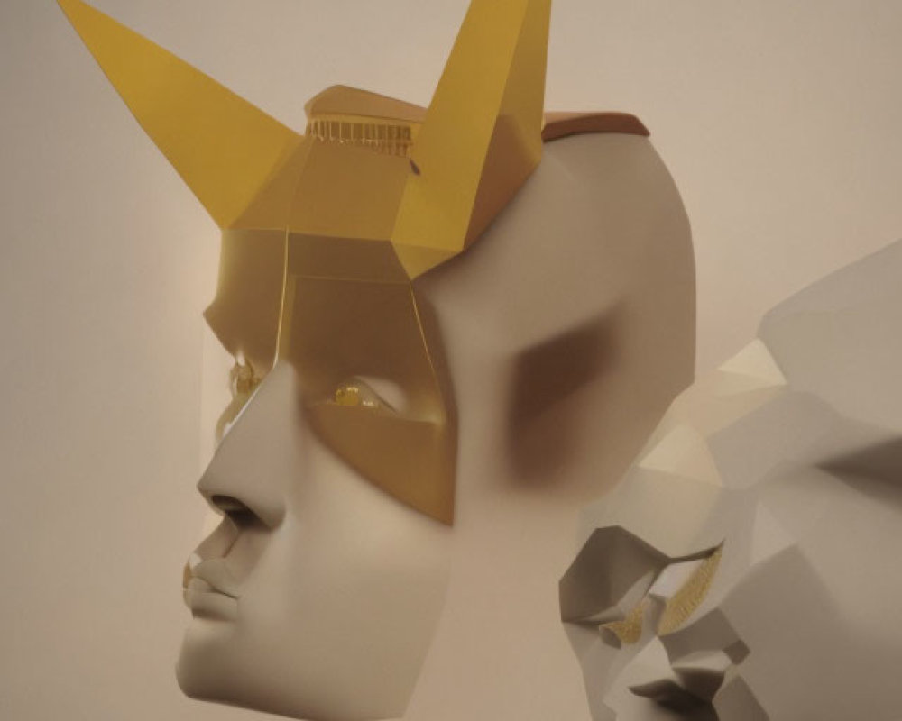 Geometric Human Head Sculpture with Abstract Faceted Surface and Crown Element