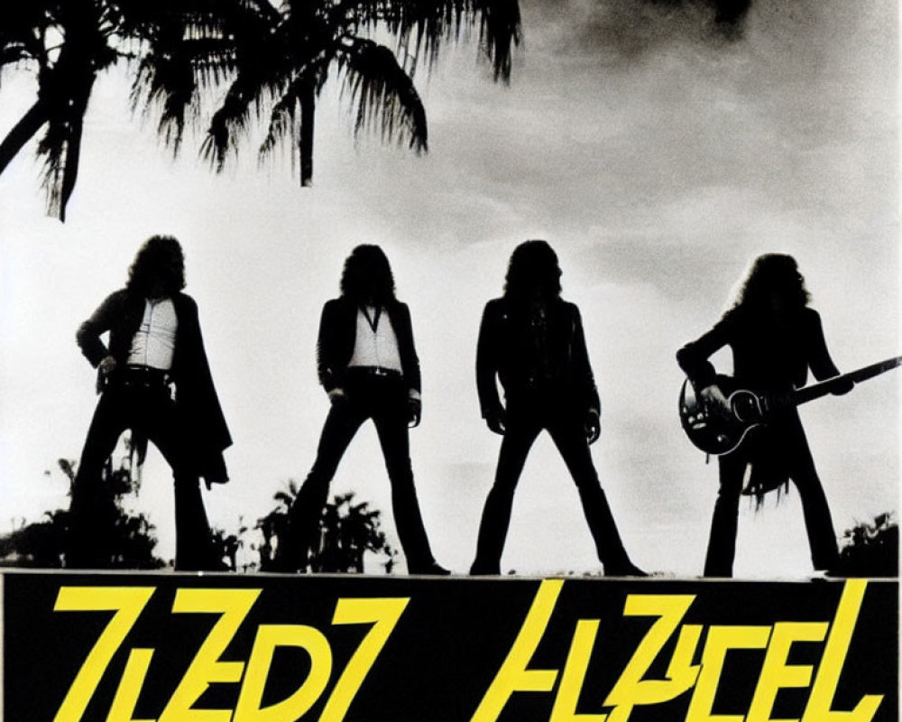 Four-member band silhouette under palm trees against dramatic sky with bold "ZZEZ ZZEL" text.