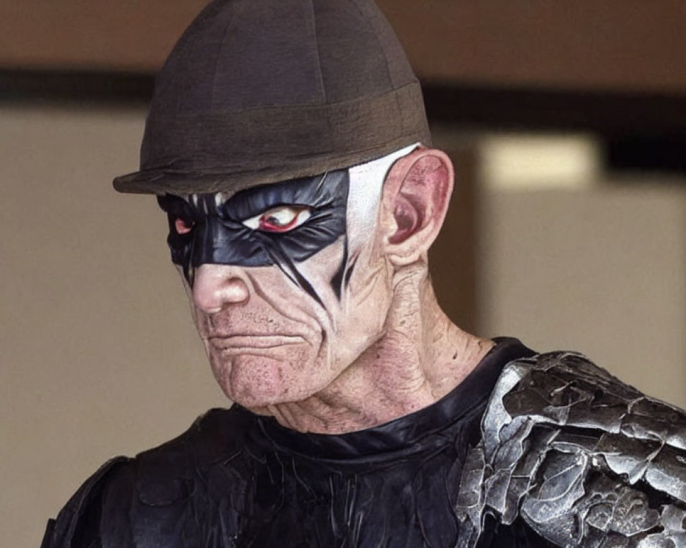 Theatrical makeup with black eye detail, hat, and armored costume portrait.