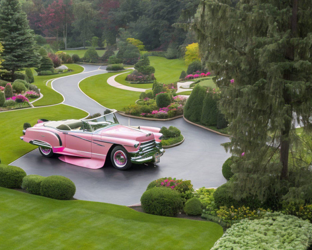 Pink Convertible Car Parked in Lush Garden