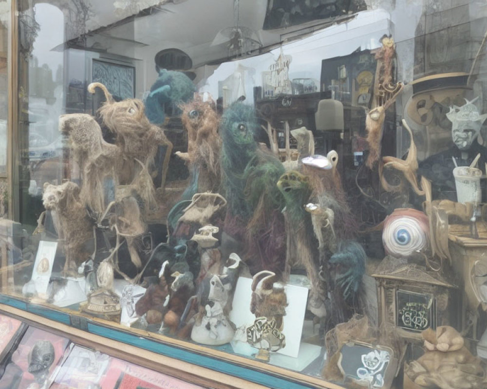 Whimsical felted fantasy creatures in bluish shop window display