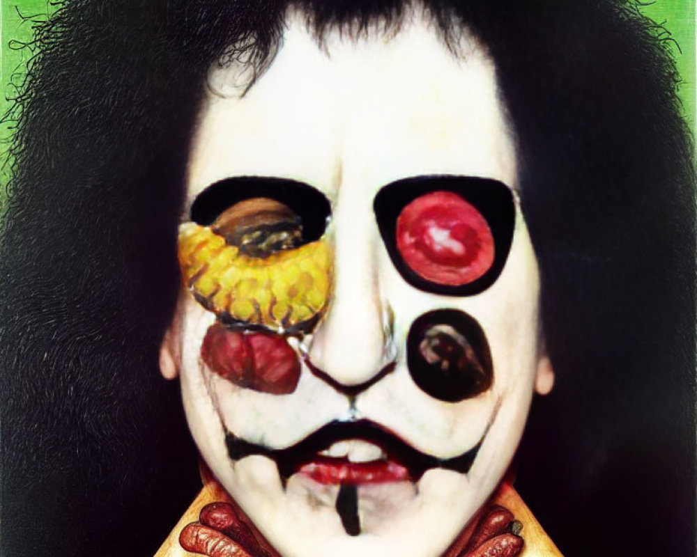 Surreal portrait with clown-like makeup and fruit features