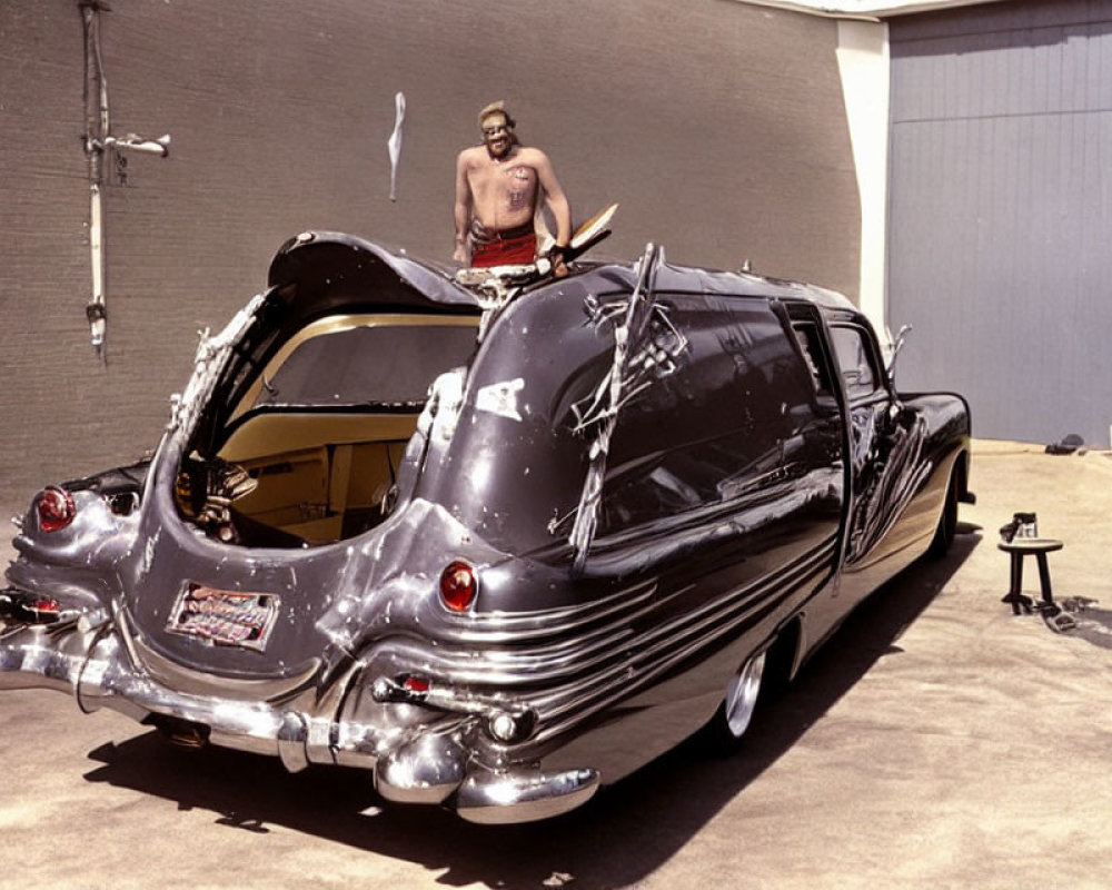 Bare-chested man with surfboard on sleek black vehicle