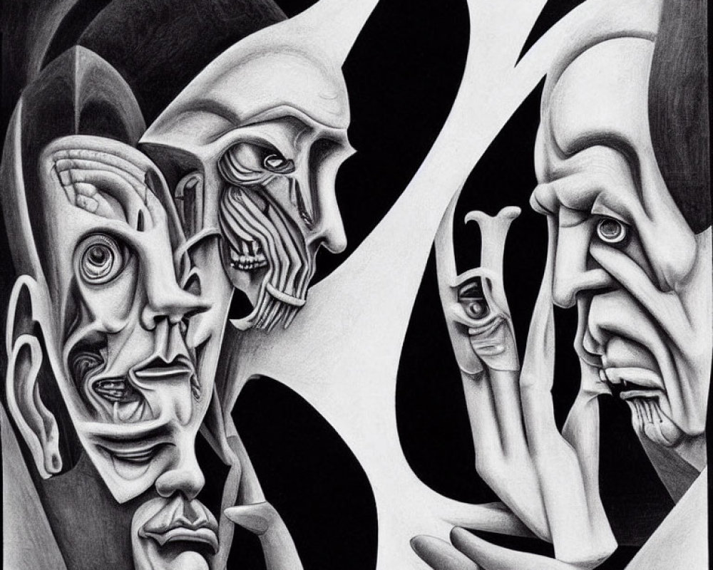 Abstract pencil drawing of intertwined faces and hands with surreal, Escher-like quality