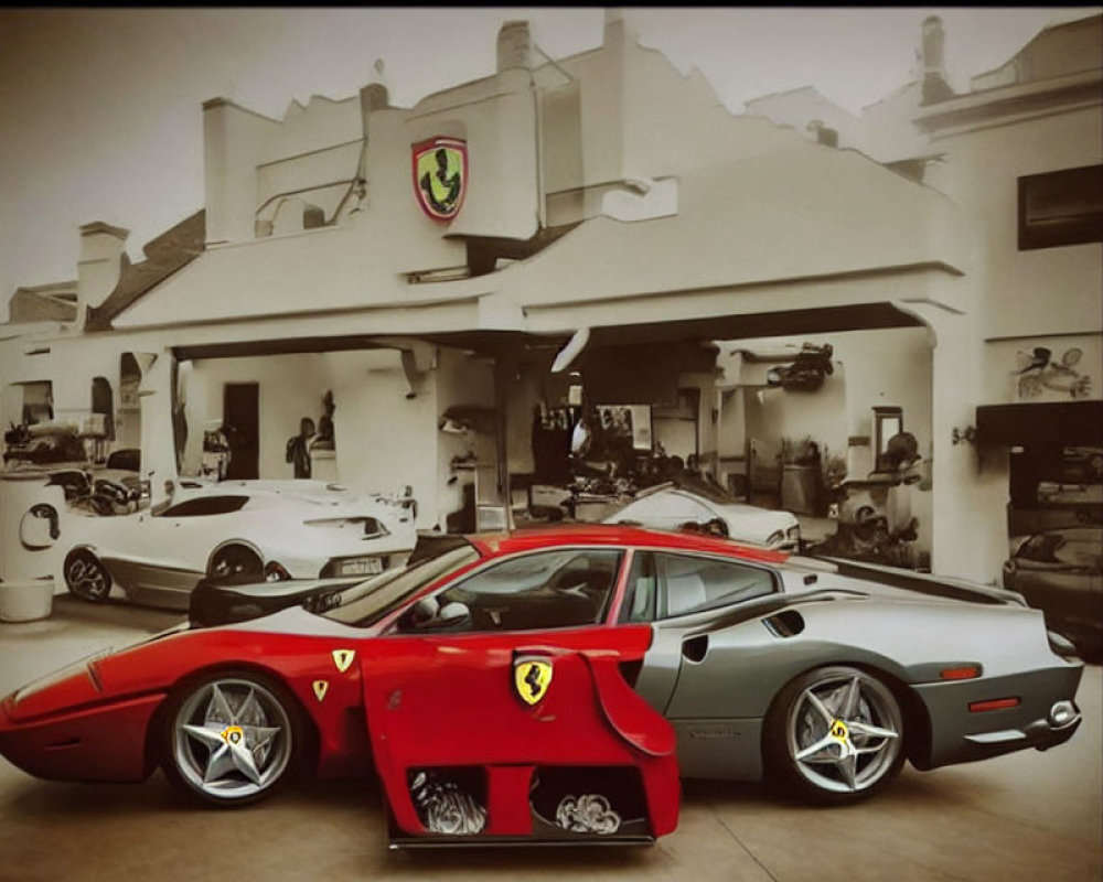 Luxurious Red Ferrari Enzo in Front of Lavish Garage