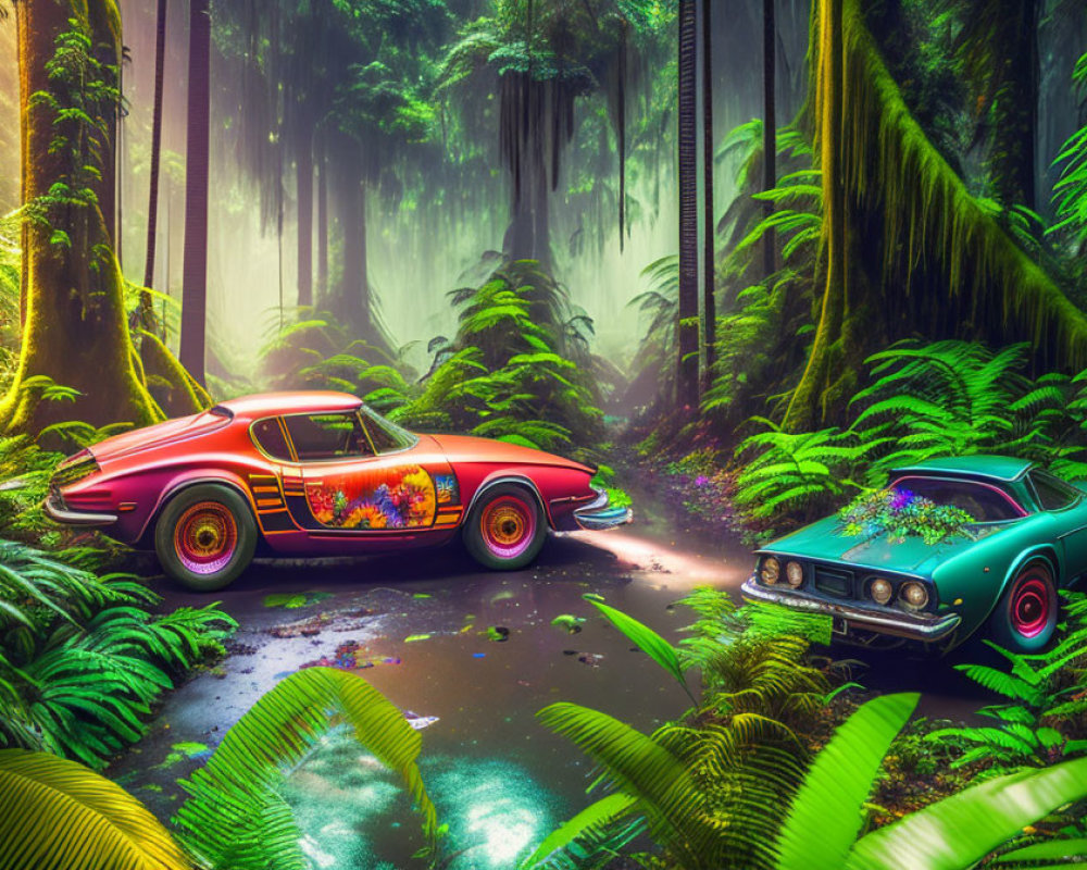 Vintage cars with floral designs in lush forest setting