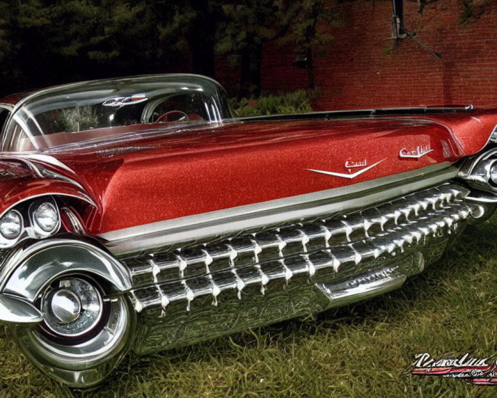 Vintage Red and White Car with Tailfins and Chrome Grille in Nature