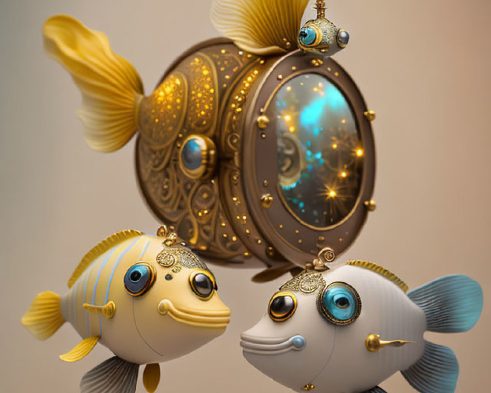 Intricate celestial-themed mechanical fish on beige background