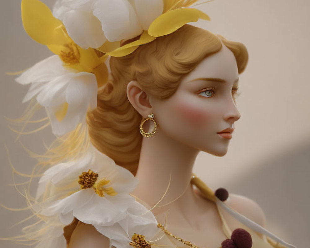 Illustration of woman with golden hair, yellow flowers, feathers, gold jewelry, white dress.