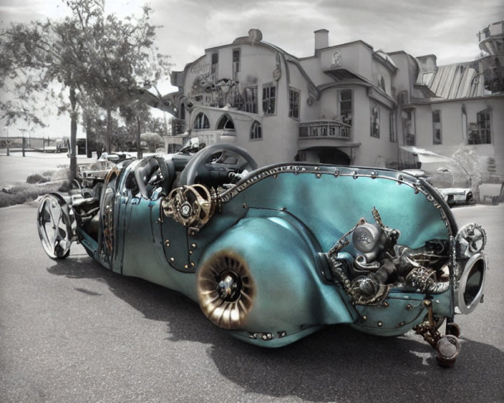 Steampunk-inspired vehicle with copper and metallic finishes and gears parked on a street