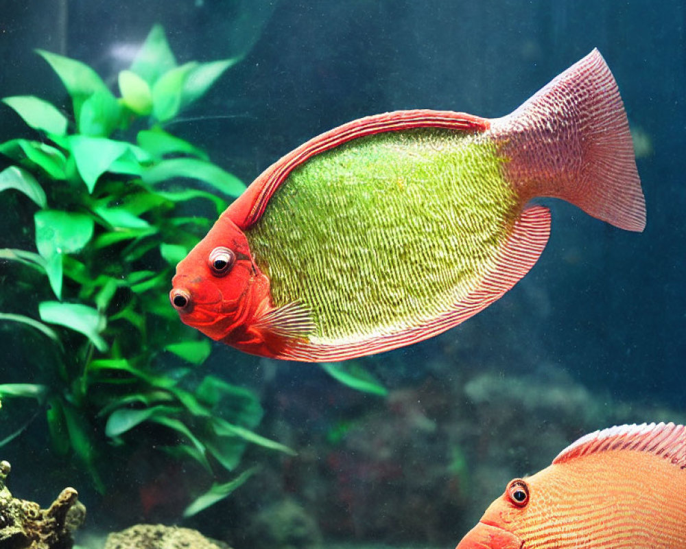 Translucent red-orange fish in green-tinted aquarium
