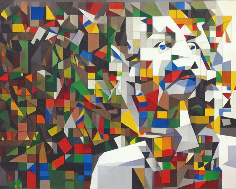 Vibrant abstract cubist painting with fragmented geometric shapes.