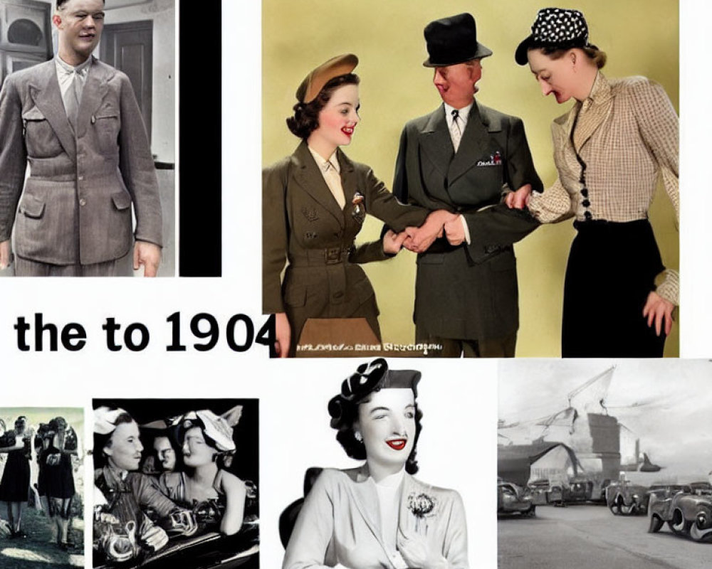 Vintage 1940s fashion collage with classic cars in black and white