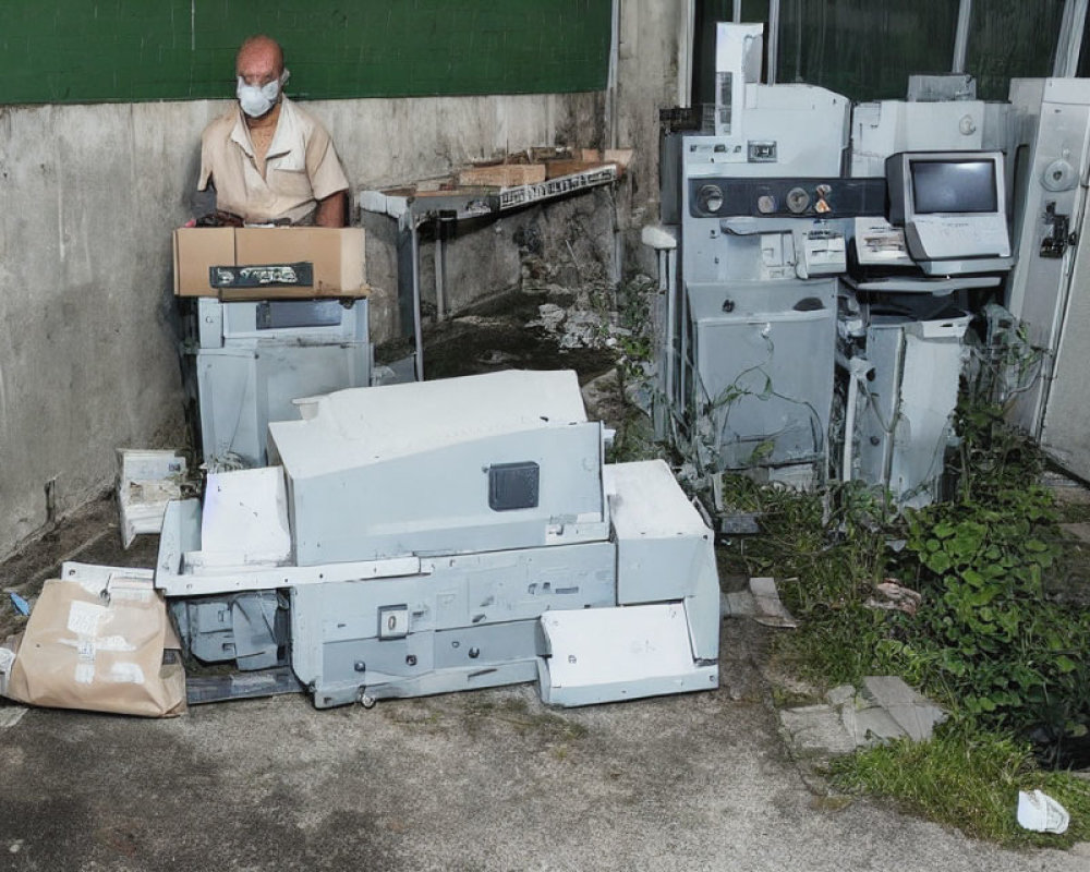 Elderly man surrounded by discarded electronics in outdoor setting