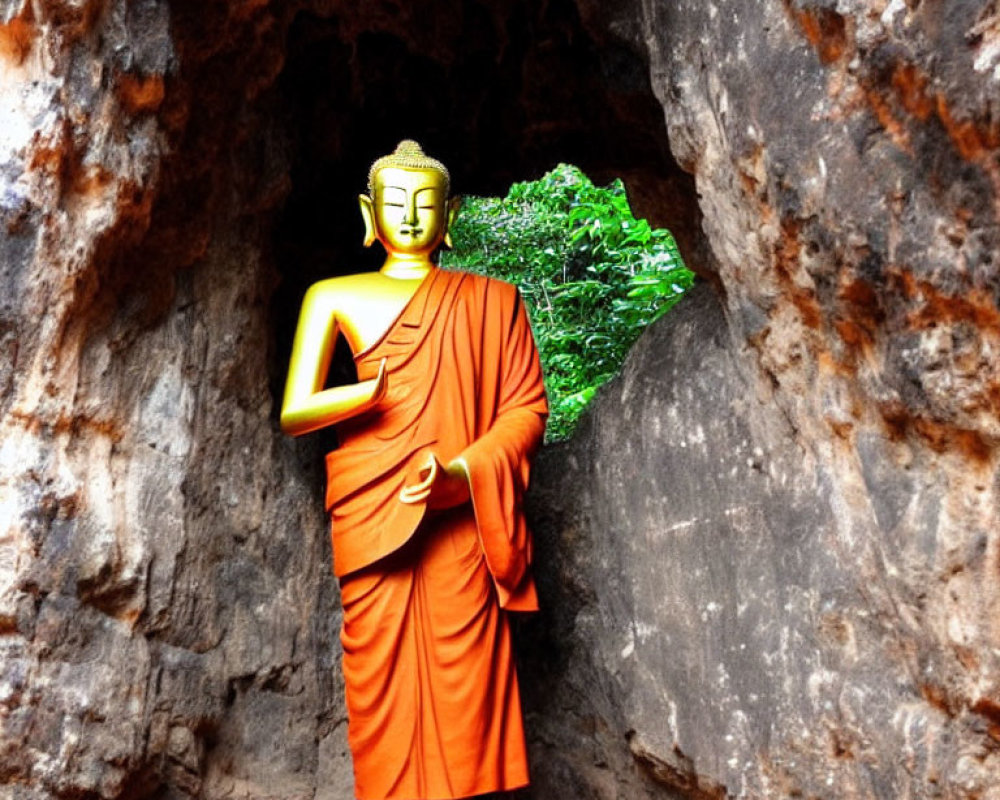 Buddha statue in cave with orange robes and lush green foliage