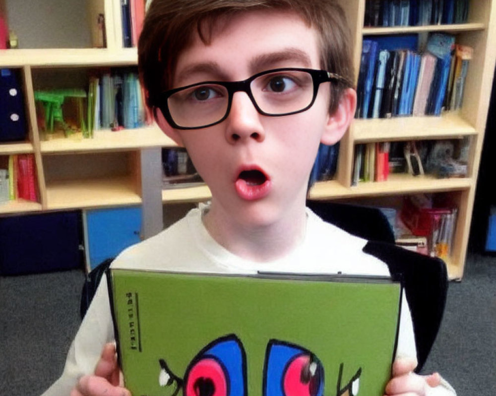 Young boy with glasses holding green book in front of bookshelf