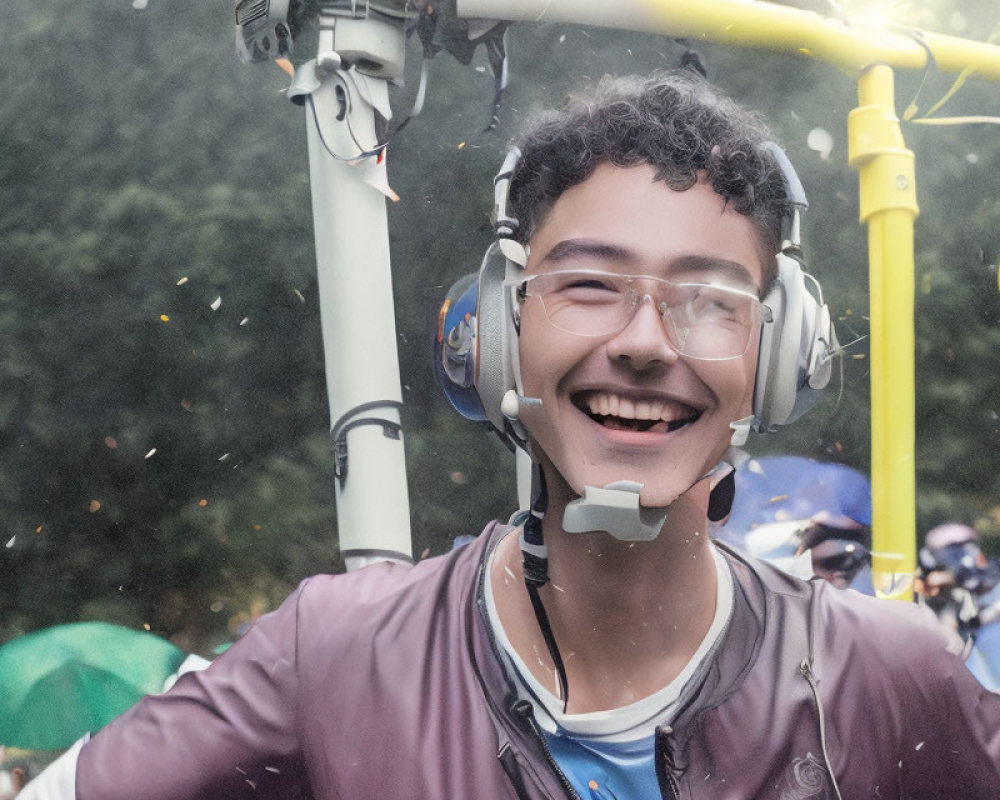 Smiling person in headset and glasses surrounded by confetti and blurred figures