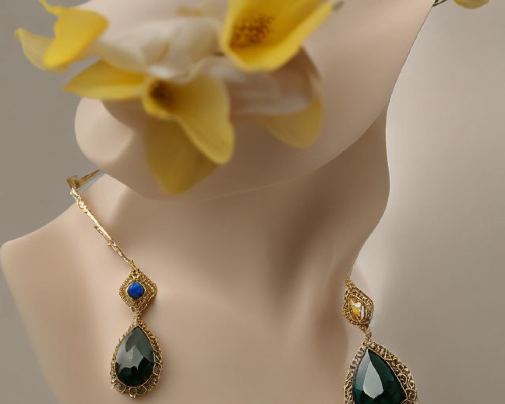 Mannequin bust showcasing gold earrings with green and blue gemstones and a white flower accent.