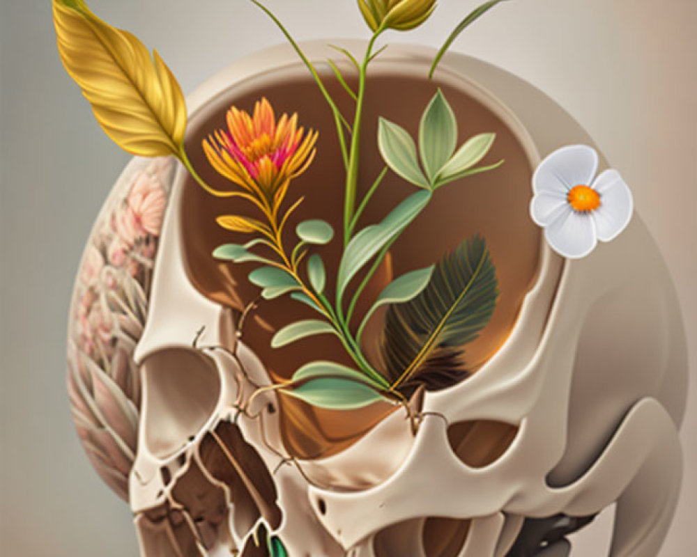 Skull Illustration with Plants and Flowers on Muted Background